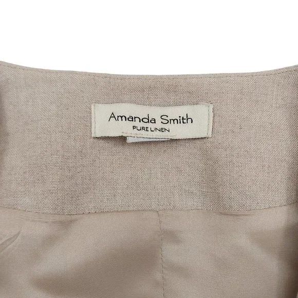 Amanda Smith Blazer Womens 8 Tan Pure Linen Belted Lined Single Button Casual - Picture 12 of 12